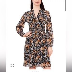 MSK Women’s Black and Gold Pleated Yolk Floral Long Sleeve Dress- size 16